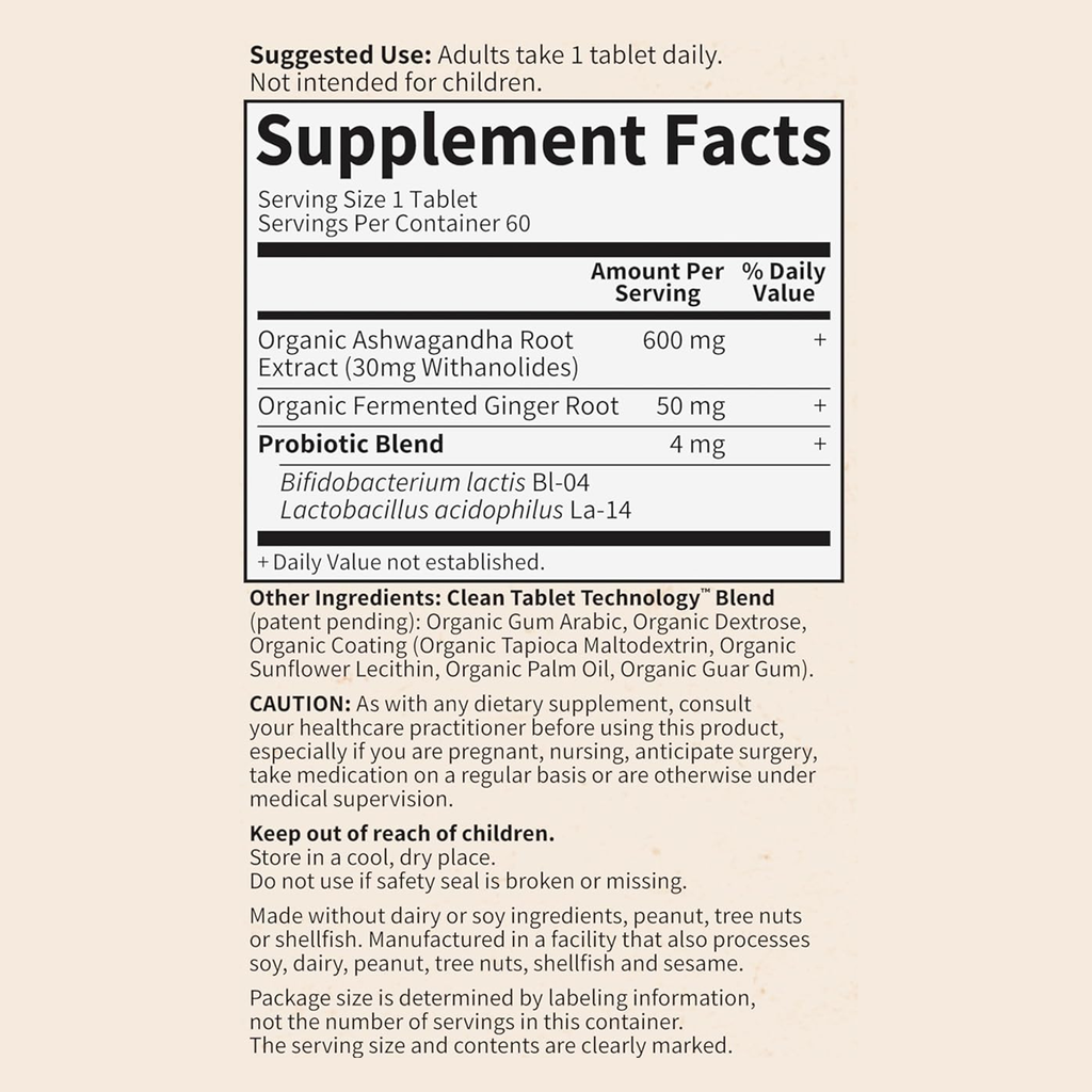 Adult Probiotic Tablets Organic Fermented Ginger Ashwagandha Root Extract Herbal Supplements for Digestion Mood Energy